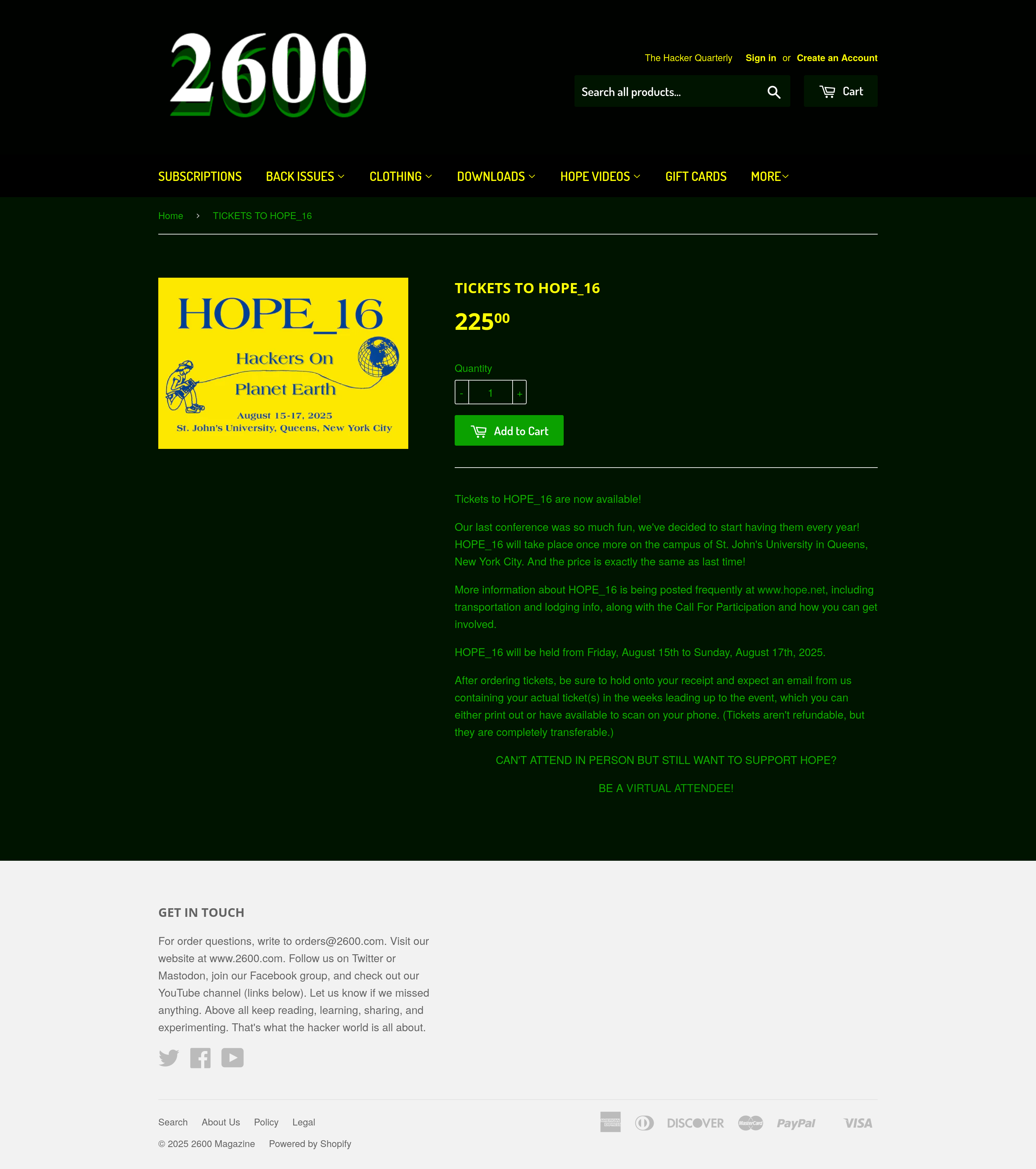 HOPE conference pass page, run by 2600 Magazine in Queens, NYC.