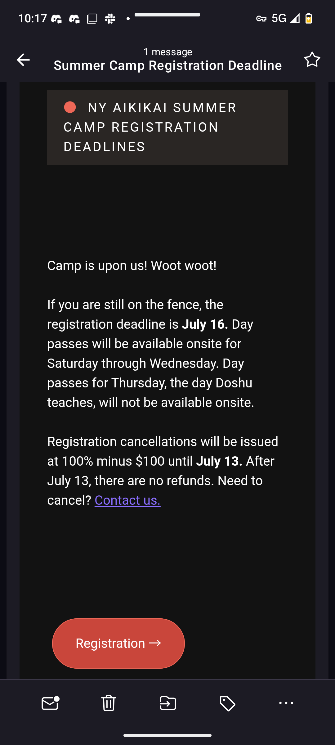 aikido summer camp final enrollment email.